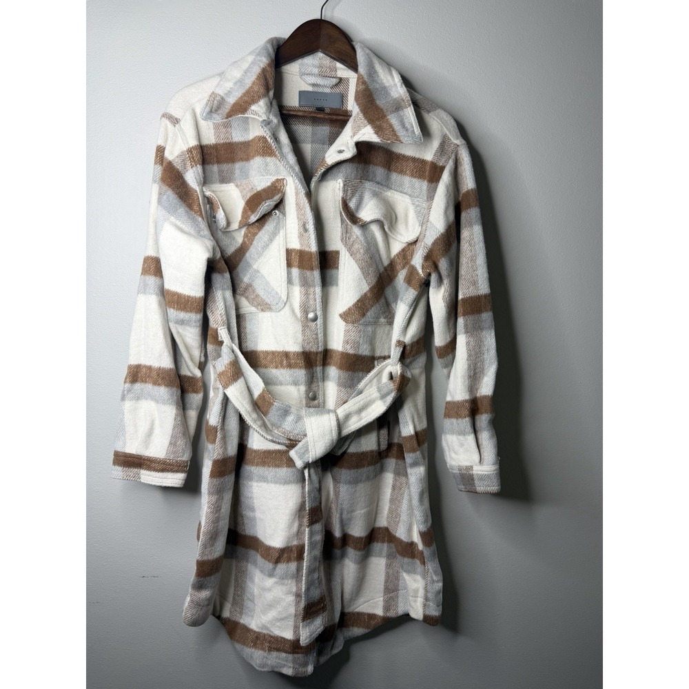 Blank NYC Brown/Gray Plaid Belted Shacket Shirt Jacket Large Snap Front